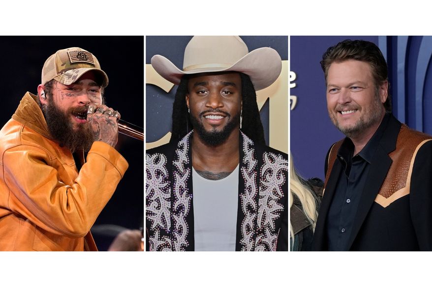 This combination of images show musicians, Post Malone, from left, Shaboozey, and Blake Shelton. (AP Photo)