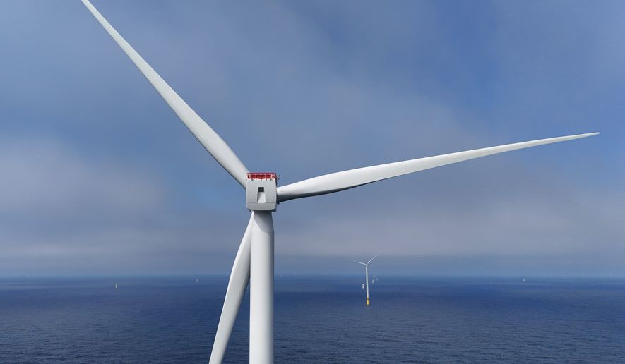 FILE - Turbines are visible at Sunrise Wind offshore wind farm that is under construction off the coast of Montauk Point, New York, April 23, 2026. (AP Photo/Joshua A. Bickel)