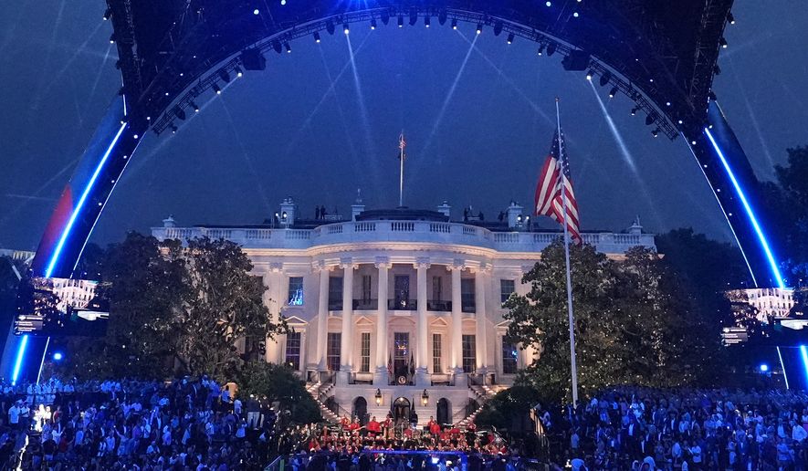 Lights shine at the UFC Freedom 250 on the South Lawn of the White House, Sunday, June 14, 2026, in Washington. (AP Photo/Mark Schiefelbein)