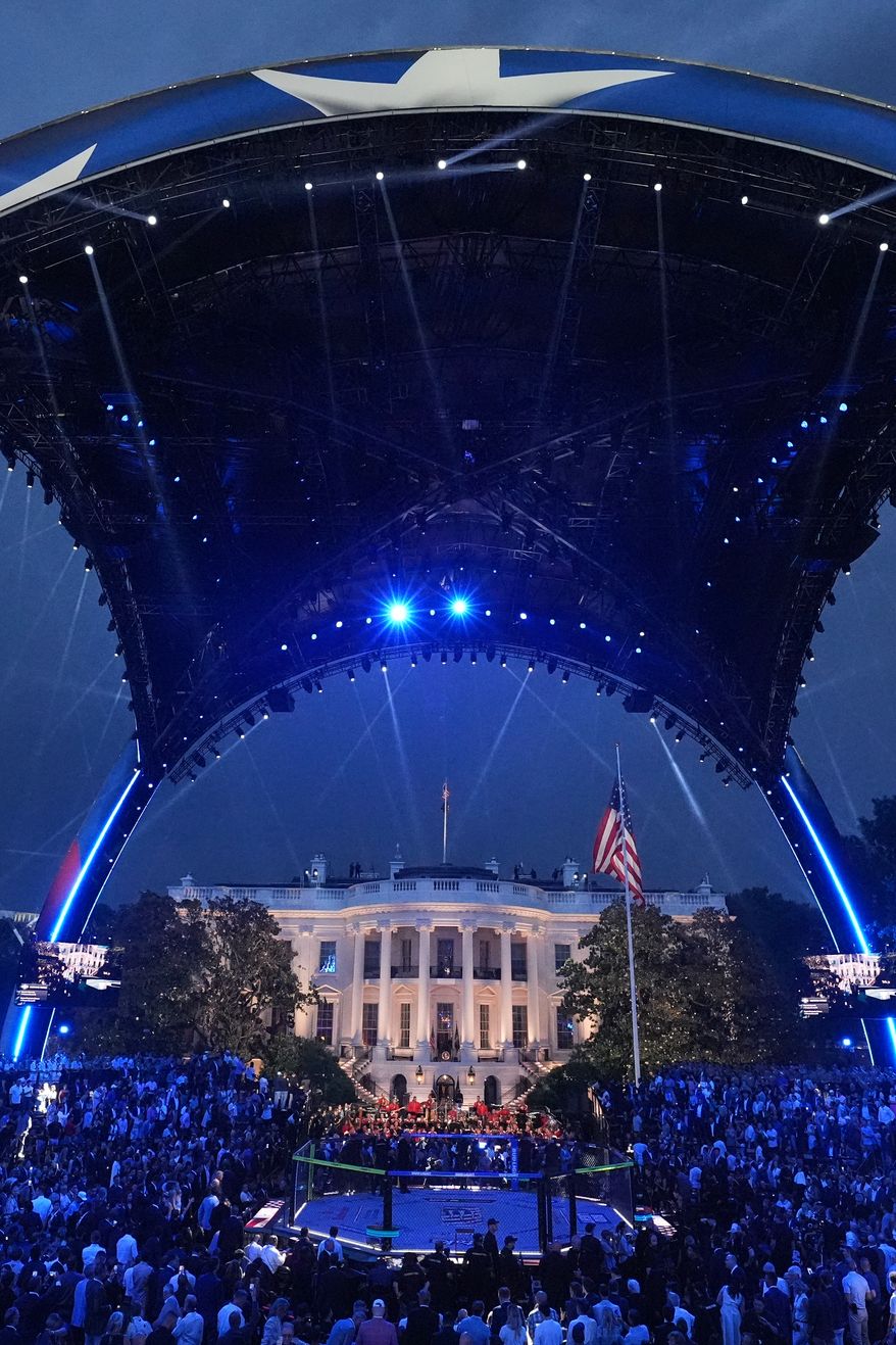 Lights shine at the UFC Freedom 250 on the South Lawn of the White House, Sunday, June 14, 2026, in Washington. (AP Photo/Mark Schiefelbein)