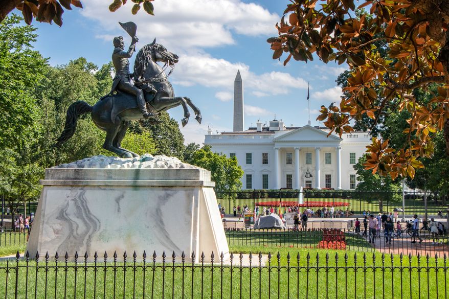 General Andrew Jackson Statue in Lafayette Park and the White House in the background. File photo credit: Nate Hovee via Shutterstock.