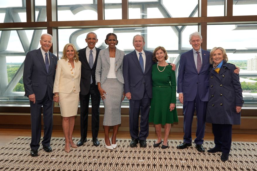 Former President Joe Biden and former first lady Jill Biden, from left, former President Barack Obama and former first lady Michelle Obama, former President George W. Bush and former first lady Laura Bush, and former President Bill Clinton and former Secretary of State Hillary Clinton, pose for a photo ahead of the dedication ceremony at the Obama Presidential Center, Thursday, June 17, 2026, in Chicago. (AP Photo/Pablo Martinez Monsivais, Pool)