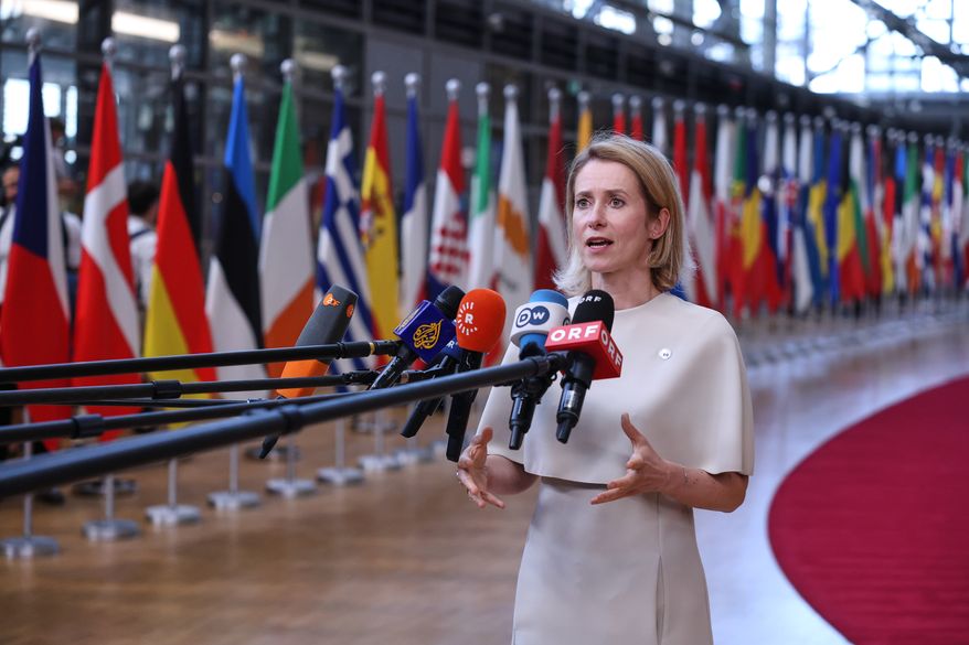 European Union foreign policy chief Kaja Kallas talks to journalists as she arrives for the EU summit in Brussels, Thursday, June 18, 2026. (AP Photo/Omar Havana) ** FILE **