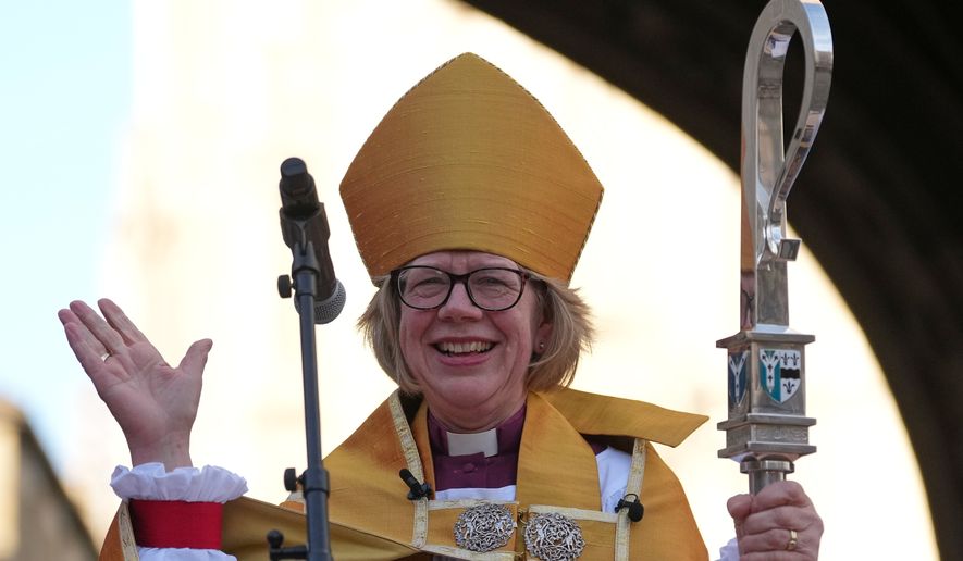 Sarah Mullally speaks to the public after the Enthronement Ceremony installing her as archbishop of Canterbury in Canterbury, England, March 25, 2026, the first woman ever to lead the Church of England. (AP Photo/Alastair Grant, File)