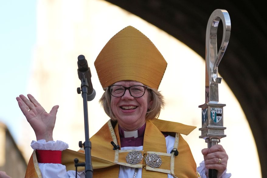 Sarah Mullally speaks to the public after the Enthronement Ceremony installing her as archbishop of Canterbury in Canterbury, England, March 25, 2026, the first woman ever to lead the Church of England. (AP Photo/Alastair Grant, File)