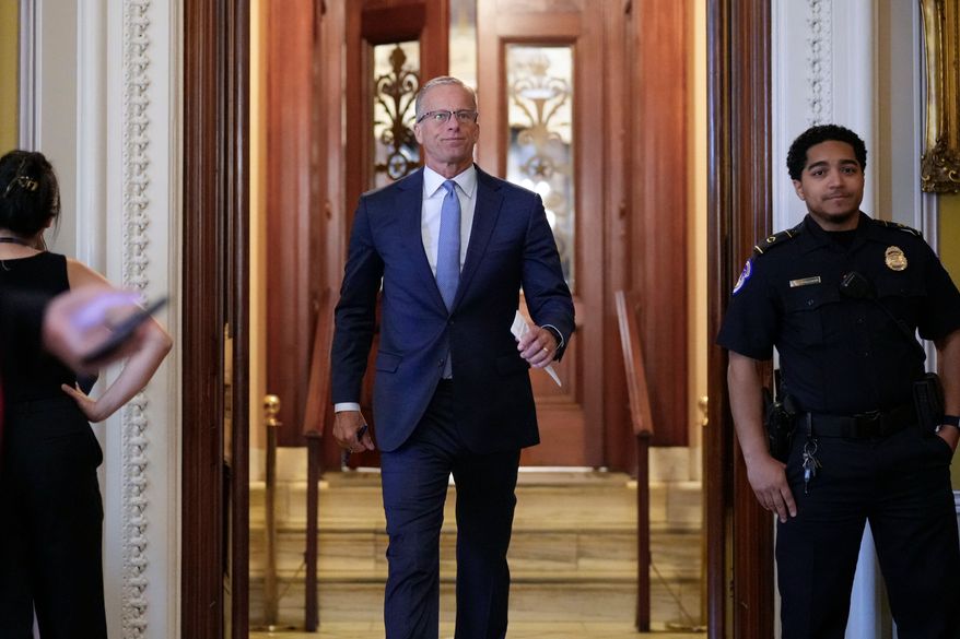 Senate Majority Leader John Thune, R-S.D., leaves the chamber, at the Capitol in Washington, Thursday, June 18, 2026. (AP Photo/J. Scott Applewhite)