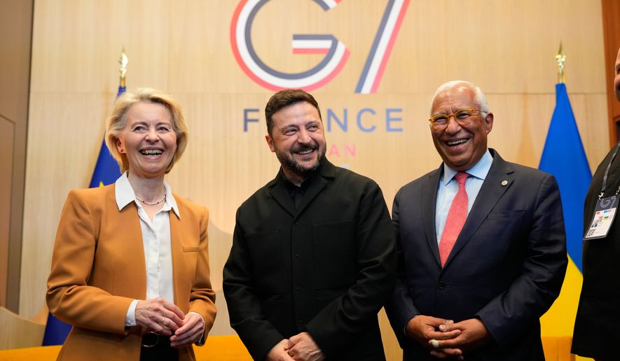 Ukrainian President Volodymyr Zelenskyy meets with European Commission President Ursula von der Leyen and European Council President Antonio Costa at the G7 summit in Evian-les-Bains, France, Tuesday, June 16, 2026. (AP Photo/Vadim Ghirda)