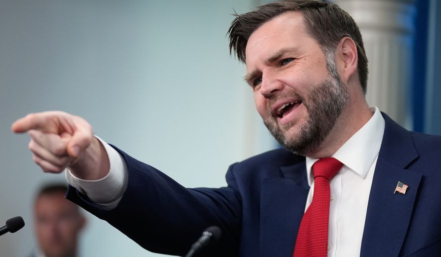 Vice President JD Vance speaks to reporters in the James S. Brady Press Briefing Room at the White House, Thursday, June 18, 2026, in Washington. (AP Photo/Manuel Balce Ceneta)