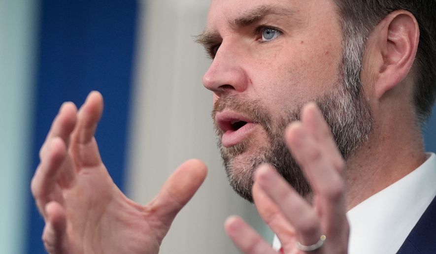 Vice President JD Vance speaks to reporters in the James S. Brady Press Briefing Room at the White House, Thursday, June 18, 2026, in Washington. (AP Photo/Manuel Balce Ceneta)