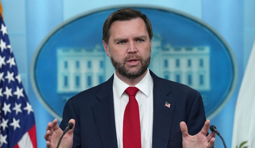 Vice President JD Vance speaks to reporters in the James Brady Press Briefing Room at the White House, Thursday, June 18, 2026, in Washington. (AP Photo/Jacquelyn Martin)