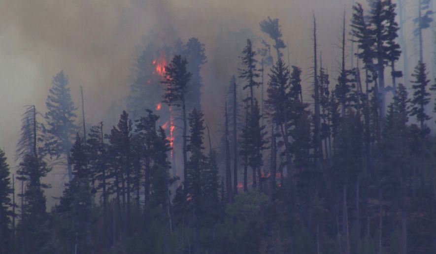FILE - Smoke rises from a fire after a small medical plane crashed in a mountain range outside Ruidoso, N.M., on May 14, 2026. (KOAT via AP, File)