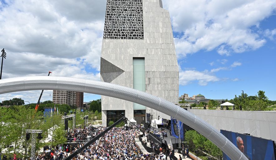 Former President Barack Obama speaks during the dedication ceremony for the Obama Presidential Center, Thursday, June 18, 2026, in Chicago. (AP Photo/Jon Cherry)