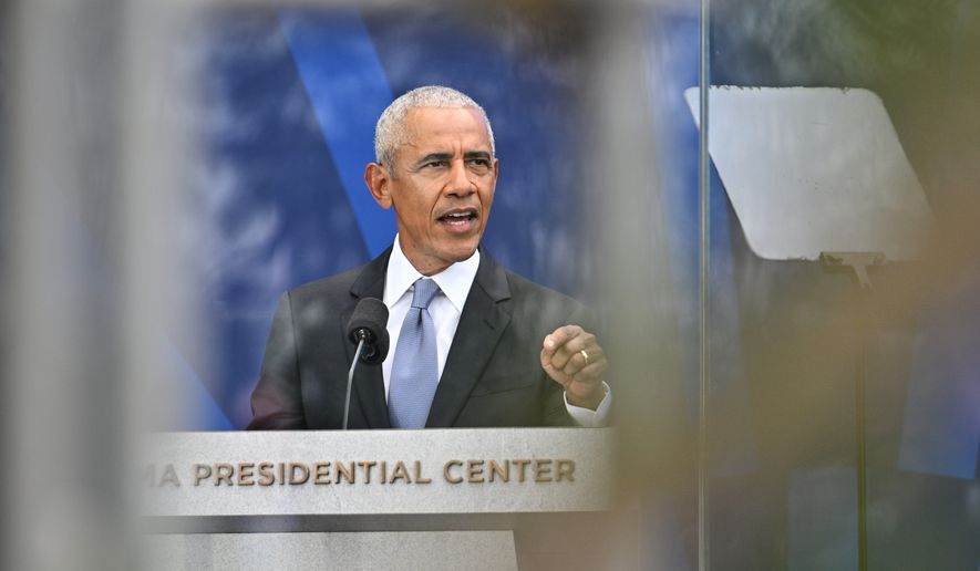 Former President Barack Obama speaks during the dedication ceremony for the Obama Presidential Center, Thursday, June 18, 2026, in Chicago. (AP Photo/Jon Cherry)