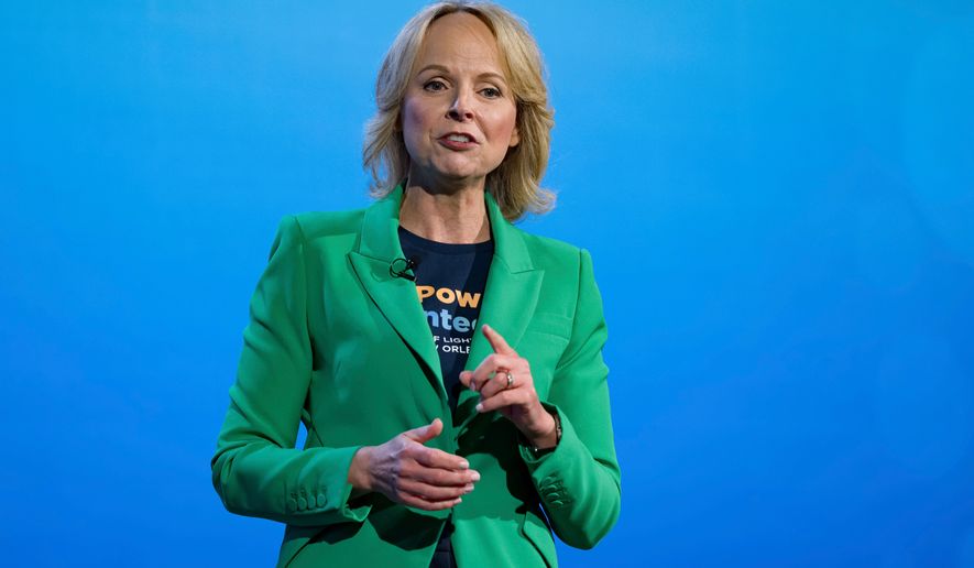 FILE - Points of Light president and CEO Jennifer Sirangelo speaks at the 2025 Points of Light Conference in New Orleans on June 6, 2025. (AP Photo/Matthew Hinton, File)