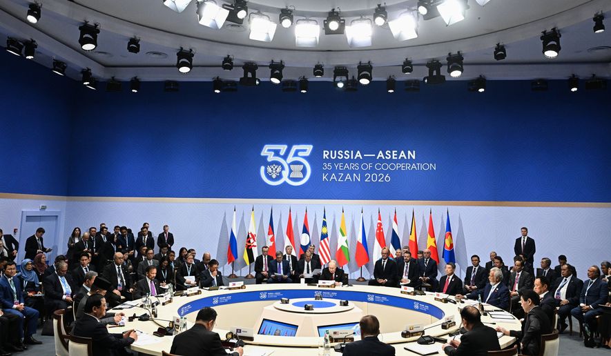 Russian President Vladimir Putin, center, attends the Russia-ASEAN summit in Kazan, Russia, Thursday, June 18, 2026. (Kristina Solovyova/Sputnik, Kremlin Pool Photo via AP)