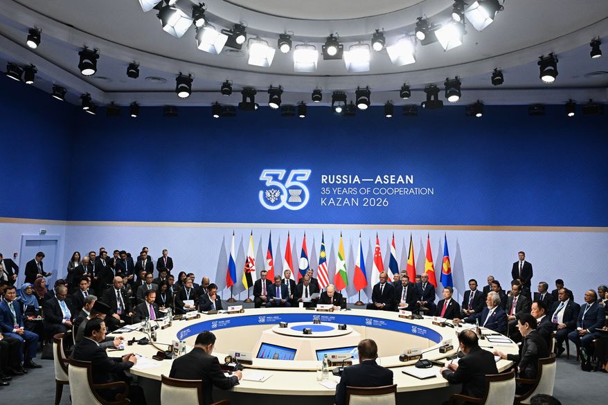 Russian President Vladimir Putin, center, attends the Russia-ASEAN summit in Kazan, Russia, Thursday, June 18, 2026. (Kristina Solovyova/Sputnik, Kremlin Pool Photo via AP)