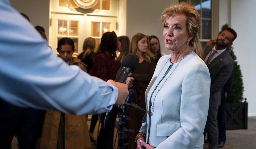 Secretary of Education Linda McMahon speaks to reporters at the White House in Washington, March 20, 2025. (AP Photo/Ben Curtis, File)