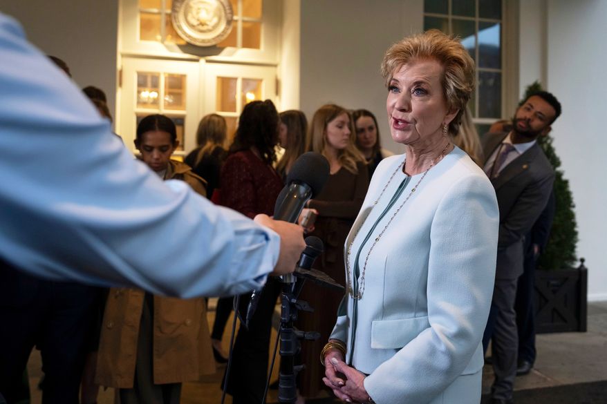 Secretary of Education Linda McMahon speaks to reporters at the White House in Washington, March 20, 2025. (AP Photo/Ben Curtis, File)
