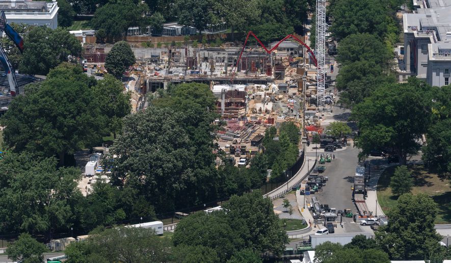 Construction continues on the new White House ballroom, as seen from the Washington Monument, Wednesday, June 17, 2026, in Washington. (AP Photo/Manuel Balce Ceneta)