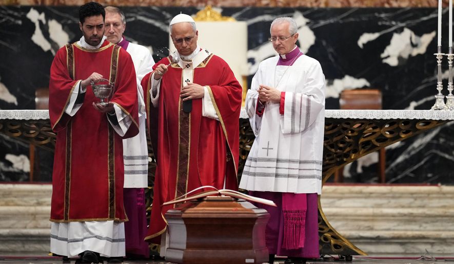 Pope Leo XIV celebrates the funeral service for late Cardinal Camillo Ruini, in St.Peter's Basilica at the Vatican, Thursday, June 18, 2026. (AP Photo/Andrew Medichini)