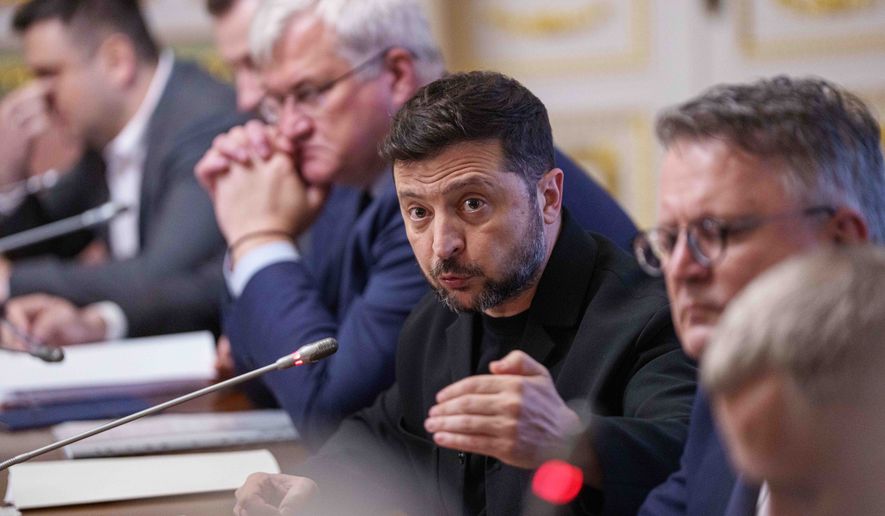Ukraine's President Volodymyr Zelenskyy speaks during a meeting with Honduras' President Nasry Asfura in Kyiv, Ukraine, Friday, June 19, 2026. (AP Photo/Evgeniy Maloletka)