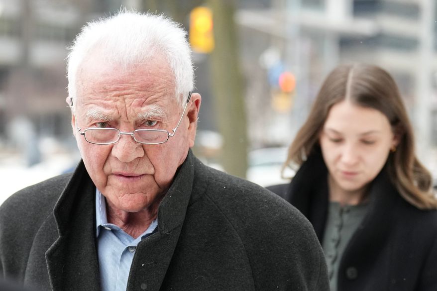FILE - Frank Stronach arrives at a Toronto Court on Tuesday Feb. 3, 2026. (Chris Young /The Canadian Press via AP, File)
