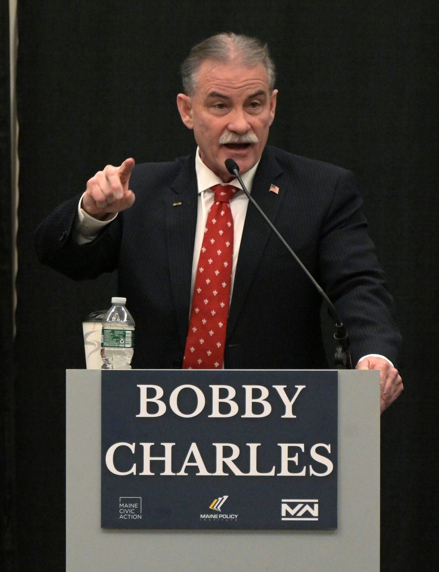 Maine Republican gubernatorial candidate Bobby Charles fields a question from moderator Steve Robinson, editor in chief of The Maine Wire, during a debate of Republican candidates for governor at Cross Insurance Center in Bangor, Maine, Tuesday, March 24, 2026. (Rich Abrahamson/The Central Maine Morning Sentinel via AP)