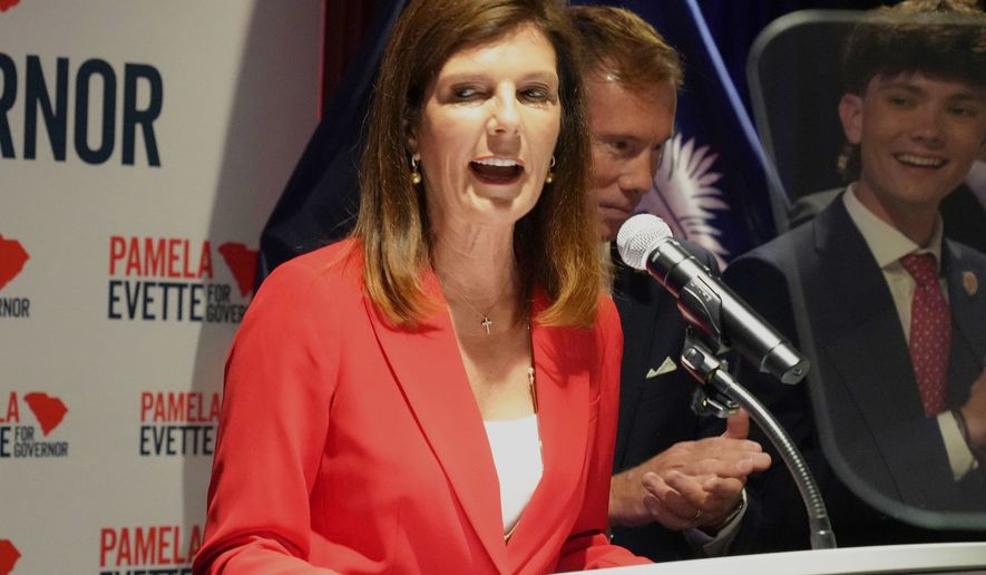South Carolina Lt. Gov. Pamela Evette speaks at an election night watch party after advancing to a GOP primary runoff in the governor's race on Tuesday, June 9, 2026, in Greenville, S.C. (AP Photo/Meg Kinnard)
