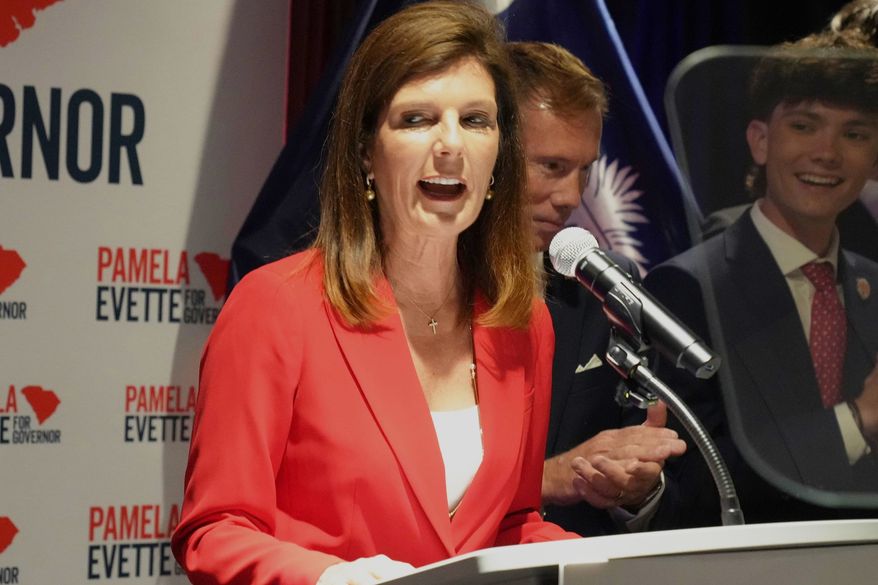 South Carolina Lt. Gov. Pamela Evette speaks at an election night watch party after advancing to a GOP primary runoff in the governor's race on Tuesday, June 9, 2026, in Greenville, S.C. (AP Photo/Meg Kinnard)