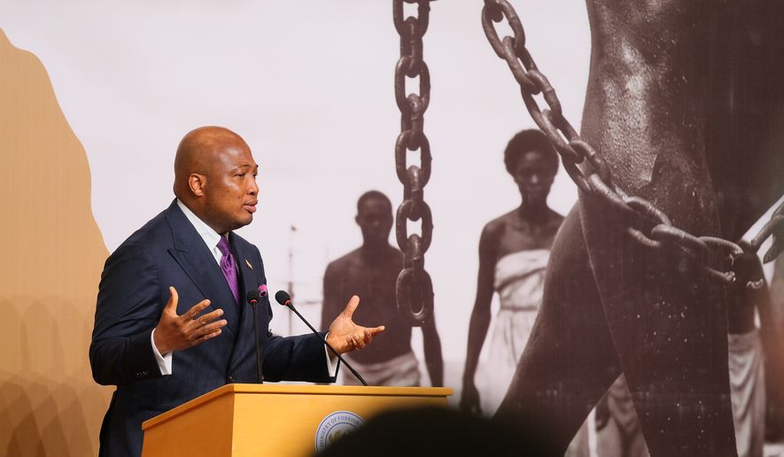 Ghana's Foreign Minister, Samuel Okudzeto Ablakwa, addresses delegates at the opening of the Slavery Reparations Conference in Accra, Ghana, Wednesday, June 17, 2026. (AP Photo/Reuben Ekow Quansah)
