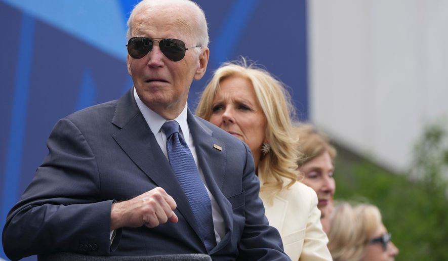 From l-r., former President Joe Biden, former first lady Jill Biden, former first lady Laura Bush and former Secretary of State Hillary Clinton on stage during the dedication ceremony for the Obama Presidential Center, Thursday, June 18, 2026, in Chicago. (AP Photo/Alex Brandon)