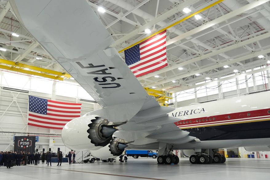 The newly designated Air Force One presidential aircraft sits in a hangar following a tour by President Donald Trump at Joint Base Andrews, Md., Friday, June 19, 2026. (AP Photo/Manuel Balce Ceneta)