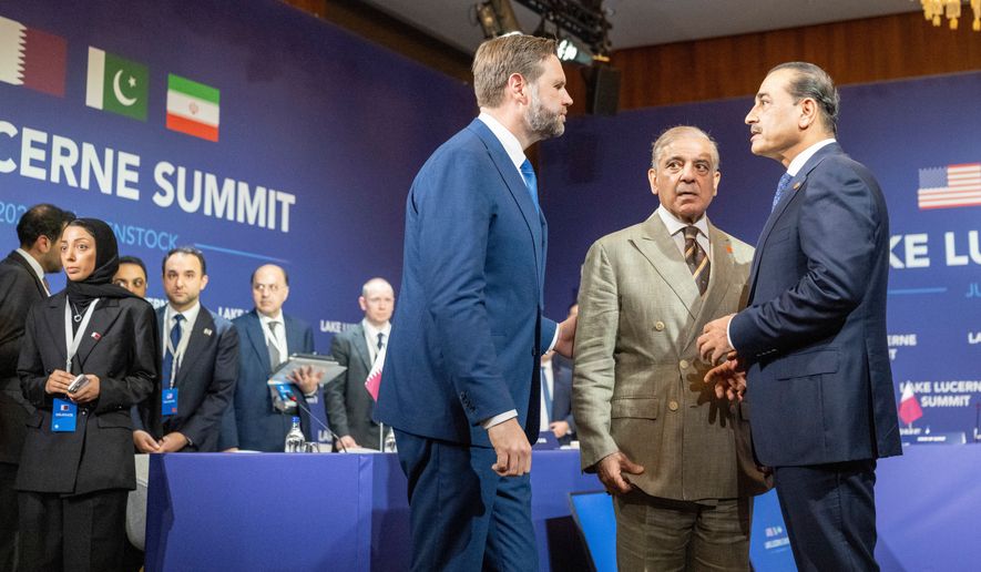 From left, Vice-President J.D. Vance, Prime Minister of Islamic Republic of Pakistan, Shehbaz Sharif and Premierminister of Qatar Mohammed bin Abdulrahman bin Jassim Al Thani, at Lake Lucerne Summit at the Buergenstock resort in Obbuergen, near Lucerne, Switzerland, Sunday, June 21, 2026. (Urs Flueeler, Pool Photo via AP)