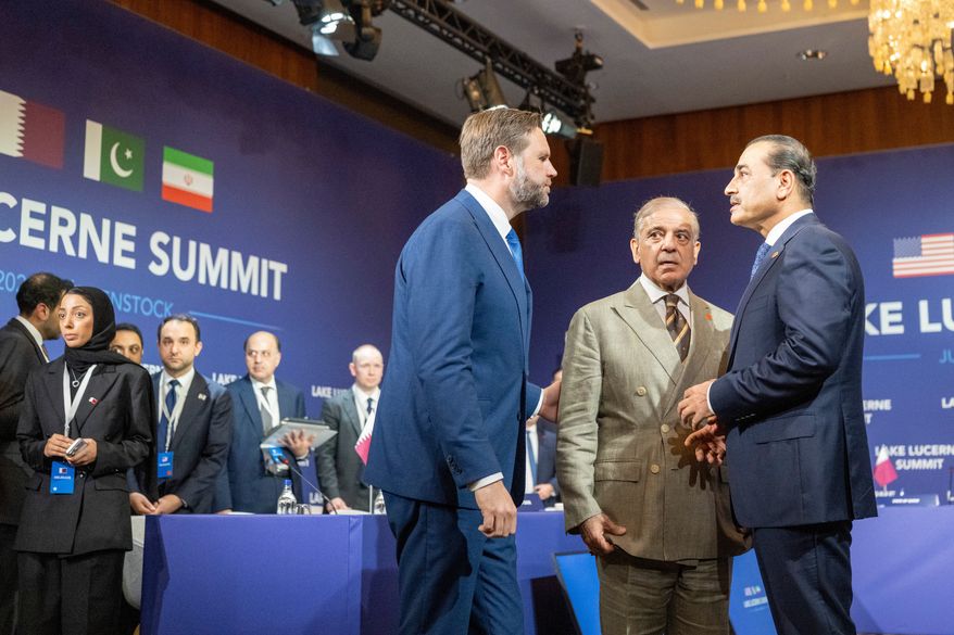 From left, Vice-President J.D. Vance, Prime Minister of Islamic Republic of Pakistan, Shehbaz Sharif and Premierminister of Qatar Mohammed bin Abdulrahman bin Jassim Al Thani, at Lake Lucerne Summit at the Buergenstock resort in Obbuergen, near Lucerne, Switzerland, Sunday, June 21, 2026. (Urs Flueeler, Pool Photo via AP)