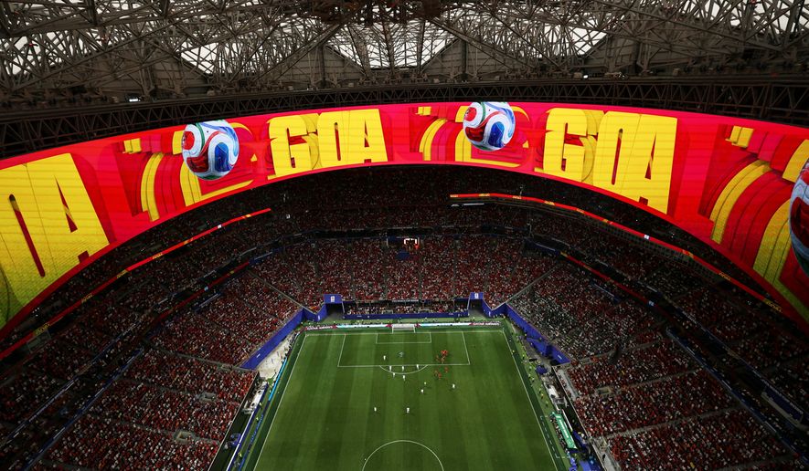 Spain players celebrate after a goal during the World Cup Group H soccer match between Spain and Saudi Arabia in Atlanta, Sunday, June 21, 2026. (AP Photo/Colin Hubbard)