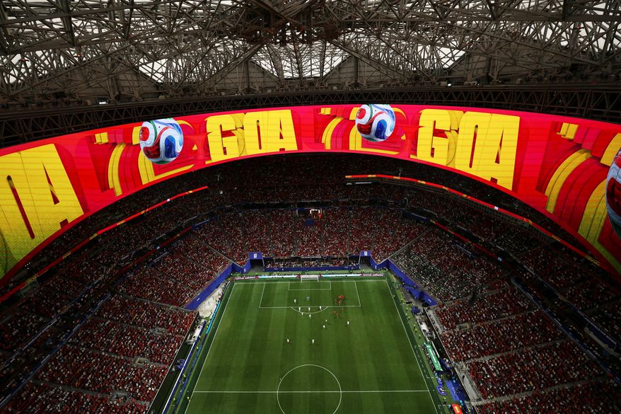 Spain players celebrate after a goal during the World Cup Group H soccer match between Spain and Saudi Arabia in Atlanta, Sunday, June 21, 2026. (AP Photo/Colin Hubbard)