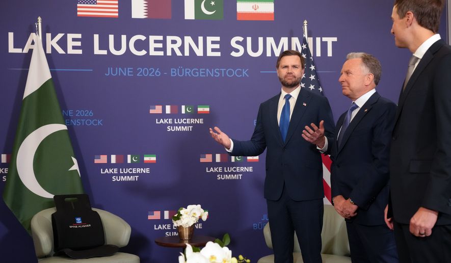 U.S. Vice President JD Vance, left, reacts next to U.S. President Donald Trump's envoys Steve Witkoff, second right, and Jared Kushner, right, while waiting to meet with Pakistan's Prime Minister Shehbaz Sharif for high-level talks aimed at advancing a deal to end the Middle East conflict, at the Bürgenstock Resort in Obbuergen, near Lucerne, in Switzerland, Sunday, June 21, 2026. (Nathan Howard/Pool Photo via AP)