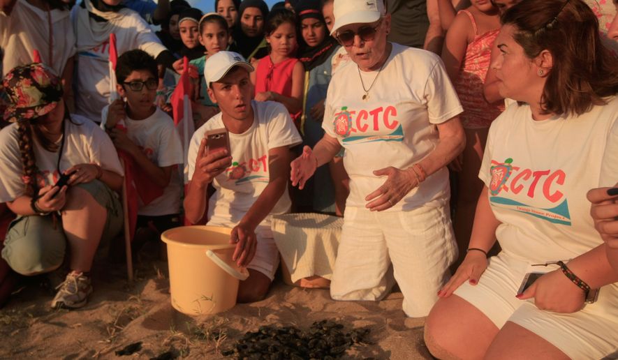 Mona Khalil, a Lebanese conservationist who died on Friday after being wounded in an Israeli strike on her home on Lebanon's southern coast, releases baby sea turtles in Mansouri village near Tyre city, south Lebanon, July 29, 2018. (AP Photo/Hussein Malla)