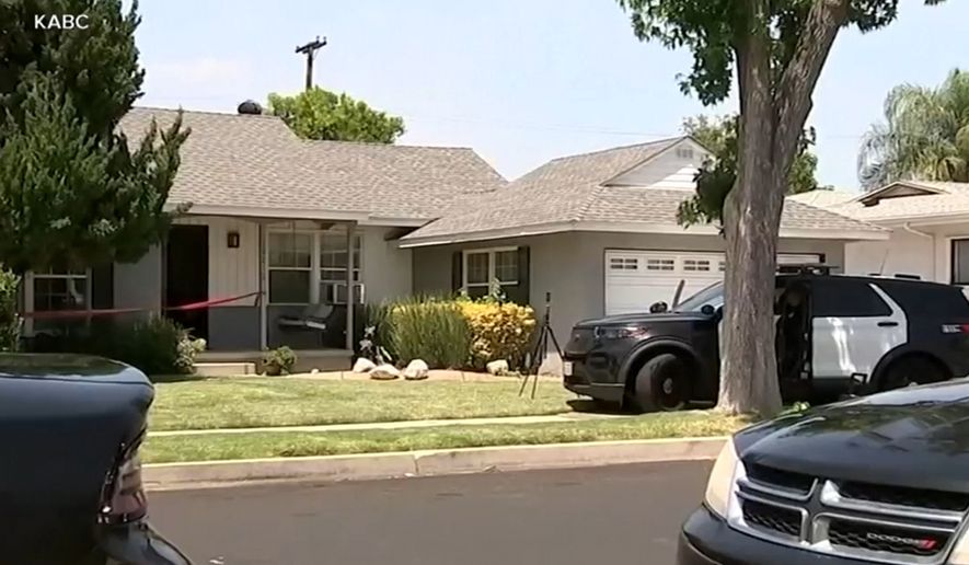 This image made from video provided by KABC shows the scene at a home where authorities were investigating the fatal stabbing of actor James Handy on Wednesday, June 3, 2026, in Los Angeles. (KABC via AP)