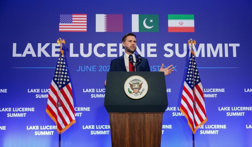 Vice President J.D. Vance speaks to members of the media after the U.S. and Iran held high-level talks at the Bürgenstock Resort in Obbuergen, near Lucerne, in Switzerland, Monday, June 22, 2026. (Nathan Howard/Pool Photo via AP)