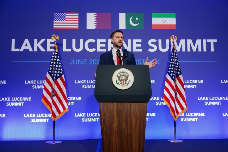 Vice President J.D. Vance speaks to members of the media after the U.S. and Iran held high-level talks at the Bürgenstock Resort in Obbuergen, near Lucerne, in Switzerland, Monday, June 22, 2026. (Nathan Howard/Pool Photo via AP)