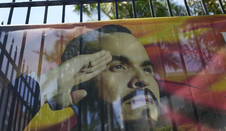 A campaign banner of presidential candidate Abelardo de la Espriella hangs outside his party's headquarters in Barranquilla, Colombia, Monday, June 22, 2026, the day after the presidential election runoff. (AP Photo/Rodrigo Abd)