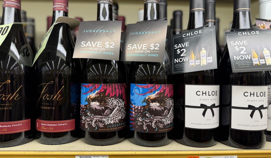 A variety of pinot noir wines, from left, Josh Cellars Reserve, Juggernaut, and Chloe, are displayed at a grocery store in Concord, N.H. on June 8, 2026. (J.M. Hirsch via AP)