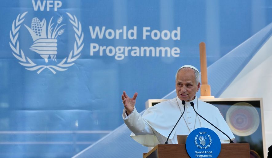 Pope Leo XIV speaks during a meeting with the employees of the United Nations World Food Programme in Rome, Monday, June 22, 2026. (AP Photo/Alessandra Tarantino)