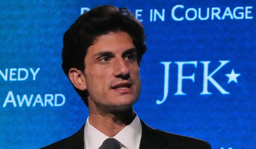 Jack Schlossberg, grandson of former President John F. Kennedy, addresses a gathering during the Profile in Courage Award ceremony at the John F. Kennedy Presidential Library, Sunday, May 31, 2026, in Boston. (AP Photo/Charles Krupa) ** FILE **