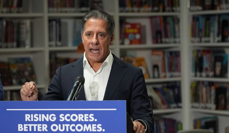 FILE - Alberto Carvalho, Superintendent of Los Angeles Unified School District speaks about students' improved rising scores before Gov. Gavin Newsom signed legislation related to student literacy in Los Angeles on Oct. 9, 2025. (AP Photo/Damian Dovarganes, File)
