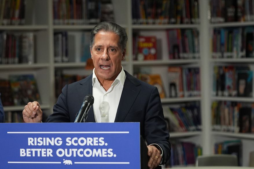FILE - Alberto Carvalho, Superintendent of Los Angeles Unified School District speaks about students' improved rising scores before Gov. Gavin Newsom signed legislation related to student literacy in Los Angeles on Oct. 9, 2025. (AP Photo/Damian Dovarganes, File)