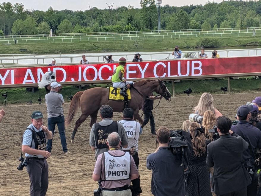 Thoroughbred colts raced in the 151st Preakness Stakes at Laurel Park, Maryland, on May 16. This year's race was moved out of Baltimore for the first time in 118 years due to renovations at Pimlico Race Course. (Sean Salai/The Washington Times)