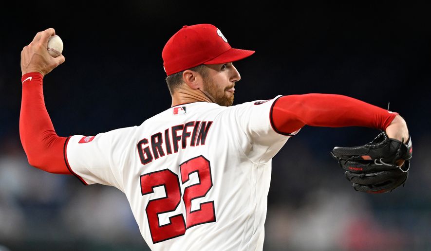Washington Nationals staring pitcher Foster Griffin throws during the second inning of a baseball game against the Philadelphia Phillies, Monday, June 22, 2026, in Washington. (AP Photo/John McDonnell)