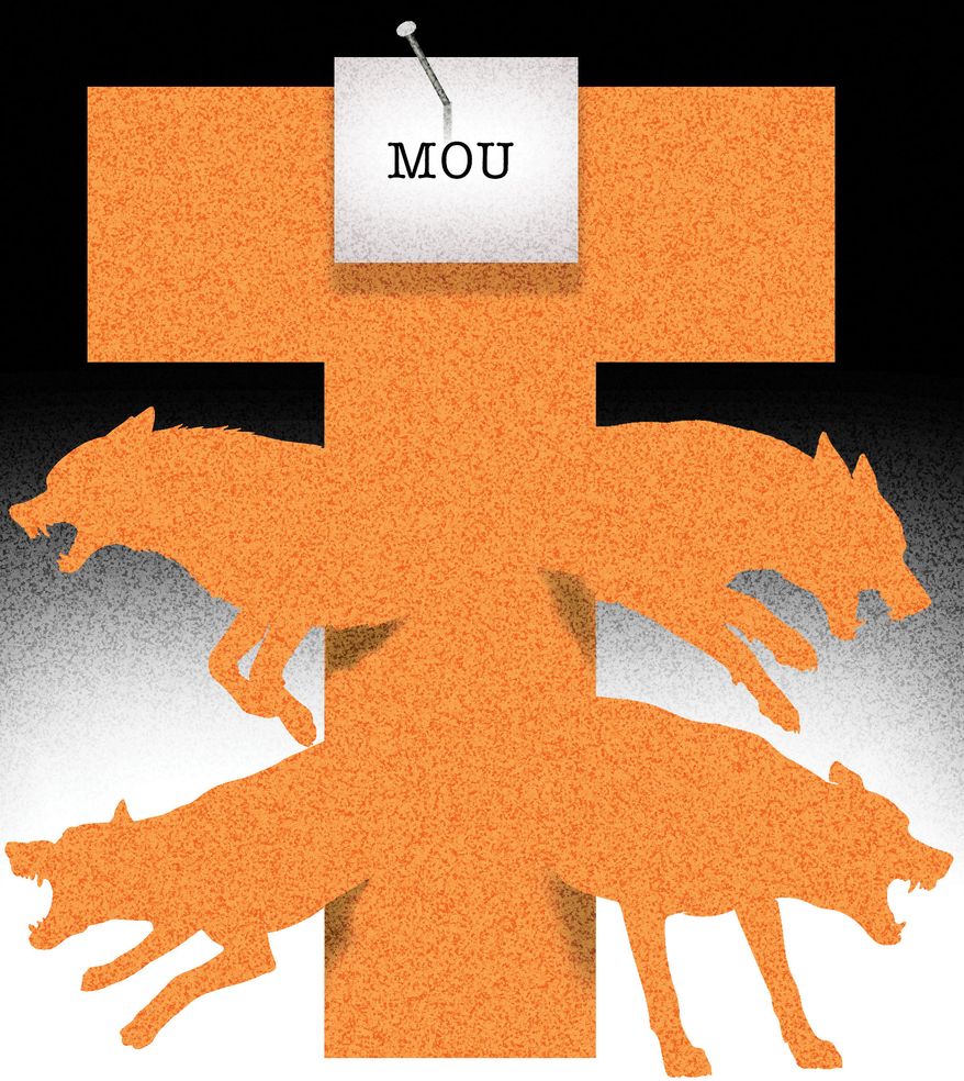 Trump's memorandum of understanding (MOU) with Iran and critics' reaction illustration by Alexander Hunter/The Washington Times